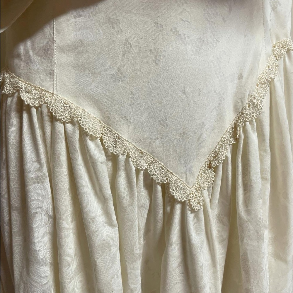 1980s Ivory Floral Jacquard Puff-Sleeve Dress - Picture 4 of 5